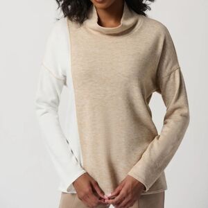 Joseph Ribkoff Colorblock Mock Neck Knit Sweater Tan White Women Size 8 Neutral